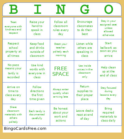 CLASS PROCEDURES Bingo Card