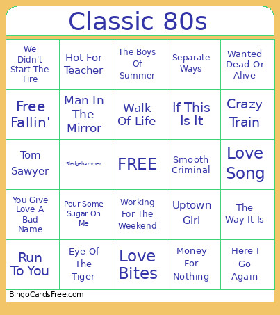 Classic 80s Bingo Card