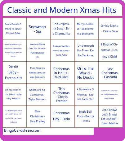 Classic and Modern Xmas Hits Bingo