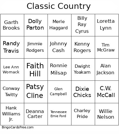 Classic Country Bingo Card