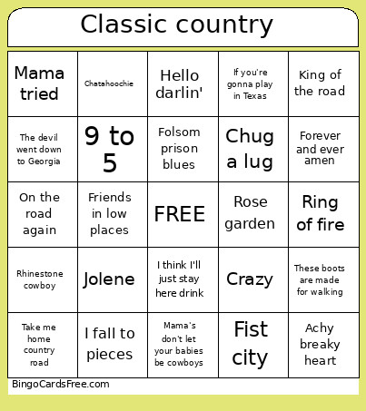 Classic Country Bingo Card