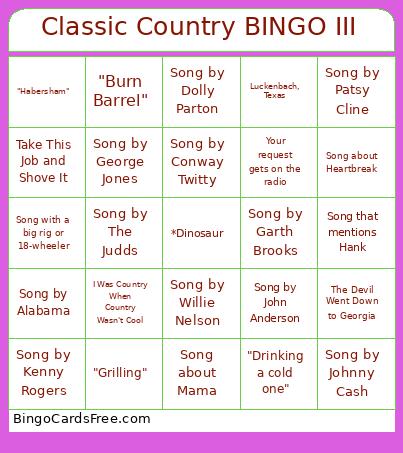 Classic Country III Bingo Card