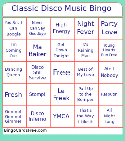 Classic Disco Music Bingo Card