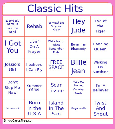 Classic Hits Bingo Card