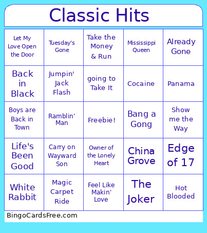 Classic Hits Bingo Card