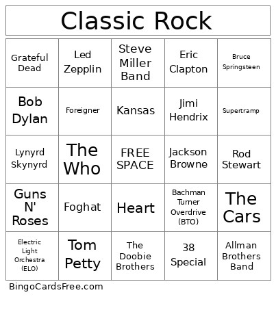 Classic Rock Bingo Card