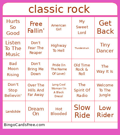 Classic Rock Bingo Card