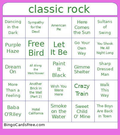 Classic Rock Bingo Card