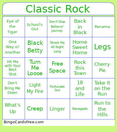 Classic Rock Bingo Card