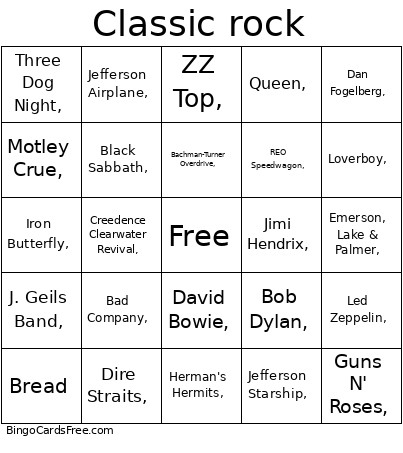 Classic Rock Bingo Card