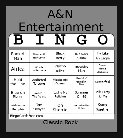 Classic Rock Bingo Card