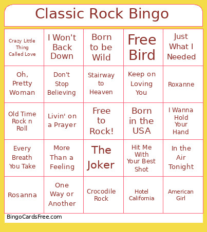 Classic Rock Bingo Card