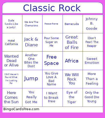 Classic Rock Music Bingo Card