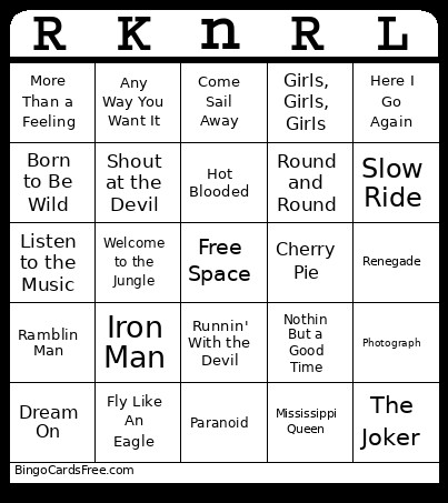Classic Rock Music Bingo Card
