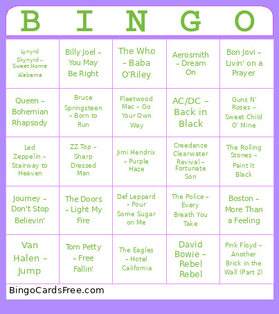 Classic Rock Musical Bingo Card