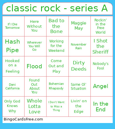 Classic Rock - Series A Bingo Card