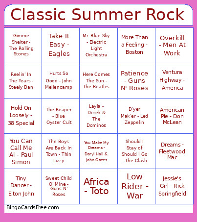Classic Summer Rock Bingo Card