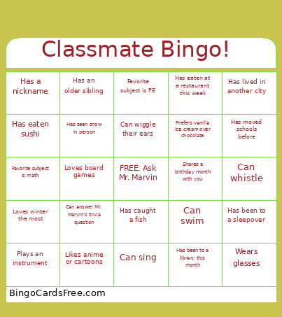 Classmate ! Bingo Card