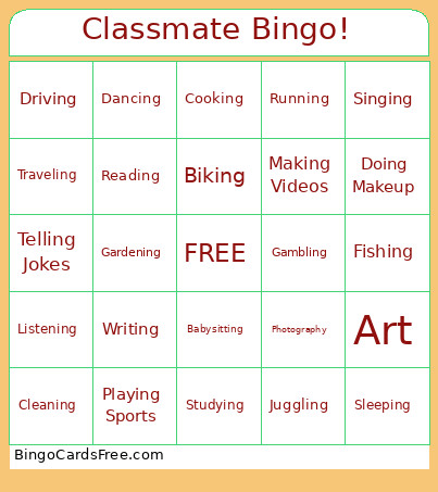 Classmate ! Bingo Card