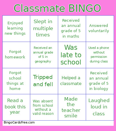 Classmate Bingo Card