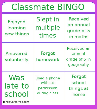 Classmate Bingo Card