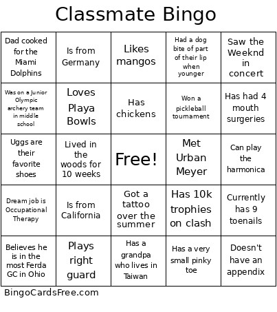 Classmate - Seniors Bingo Card