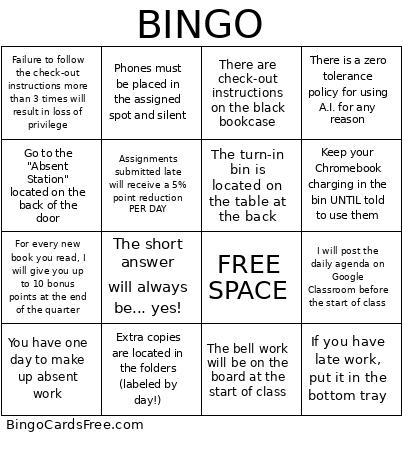 Classroom Bingo Card