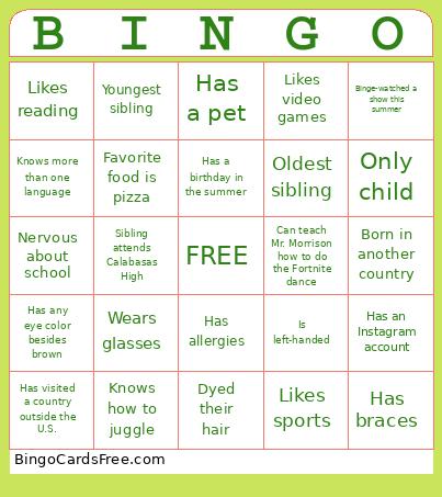 Classroom Bingo Card