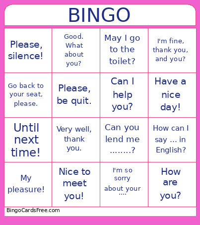 Classroom Language Bingo Card