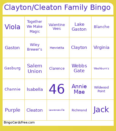 Clayton/Cleaton Family Bingo Card