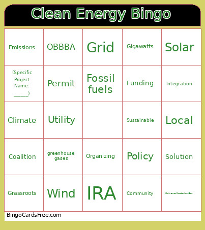 Clean Energy Bingo Card