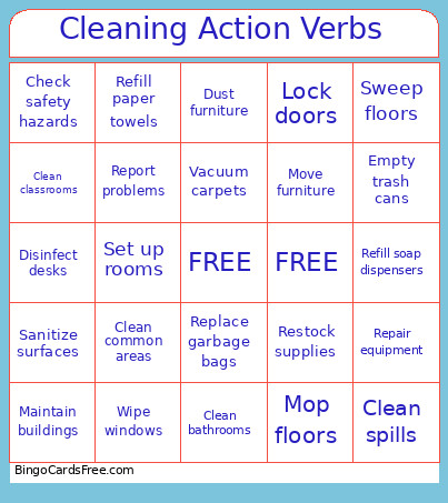 Cleaning Action Verbs Bingo Card