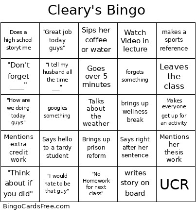 Cleary's Bingo Card