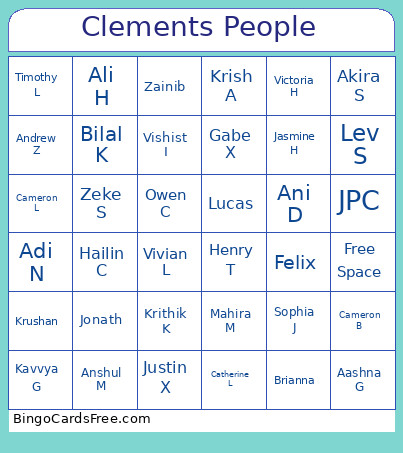 Clements People Bingo Card