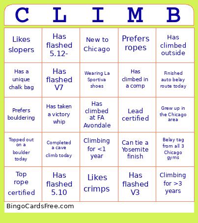 Climbing V1 Bingo Card