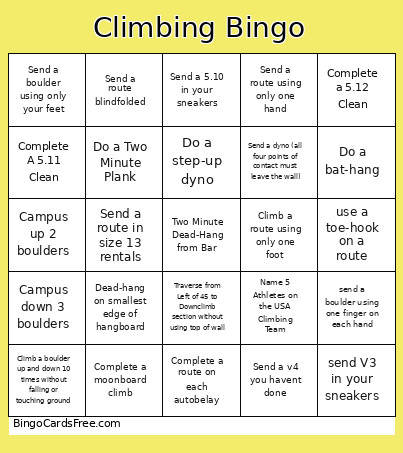 Climbing Team Bingo Card