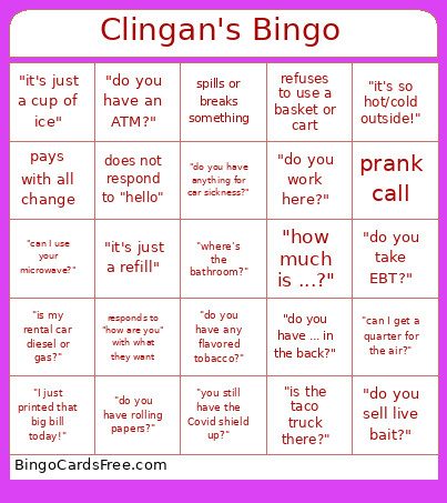 Clingan's Bingo Card