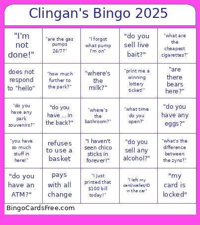 Clingan's 2025 Bingo Card