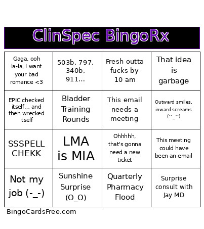 ClinSpec Rx Bingo Card