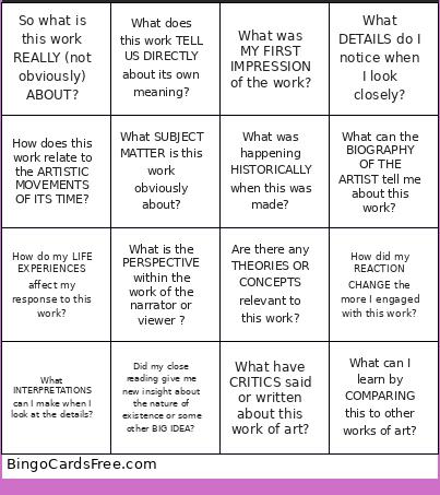 Close Reading Bingo Card