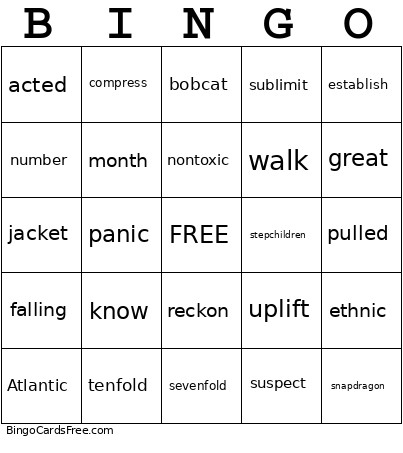 Closed Syllable Type Bingo Card