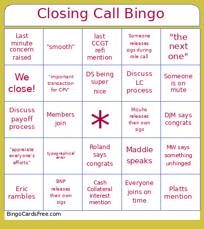 Closing Call Bingo Card