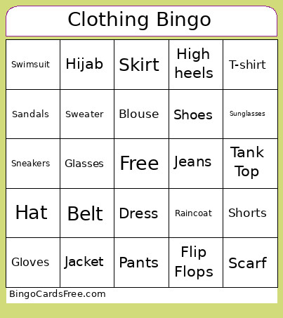 Clothing Bingo Card