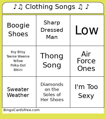 ♪♫ Clothing Songs ♫ ♪ Bingo Card