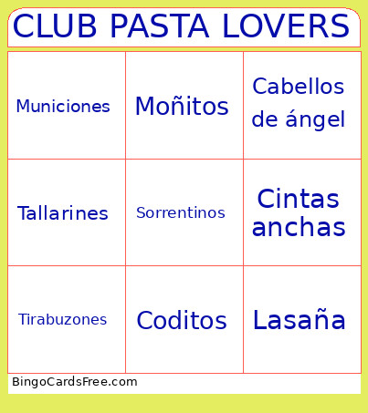 CLUB PASTA LOVERS Bingo Card
