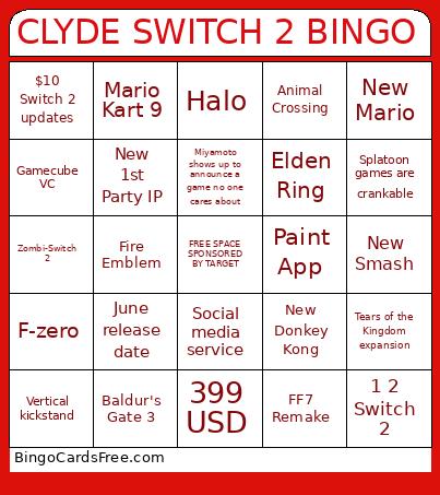 Clyde Switch 2 Bingo Card