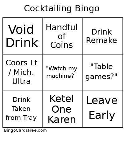 Cocktailing Bingo Card