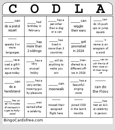 COD LA Bingo Cards Free Pdf Printable Game, Title: CODLA