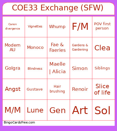 COE33 Exchange (SFW) Bingo Card
