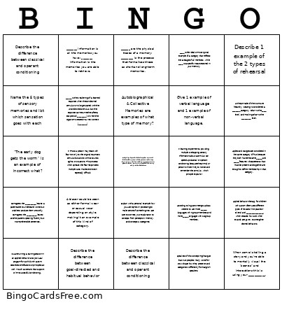 Cognitive Exam #2 Bingo Card